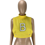 Spring/Summer Sexy Solid Color Turtleneck Hollow B Letter Embroidery Single Vest Top