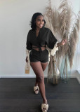 Summer sexy shorts nightclub fringed mid-sleeve shirt V-neck solid color lace-up cardigan two-piece set
