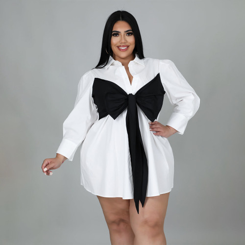 Summer plus size solid color stitching lace-up loose shirt dress