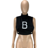 Spring/Summer Sexy Solid Color Turtleneck Hollow B Letter Embroidery Single Vest Top