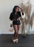 Summer sexy shorts nightclub fringed mid-sleeve shirt V-neck solid color lace-up cardigan two-piece set