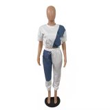 Summer 2022 short-sleeved denim stitching sports and leisure two-piece suit