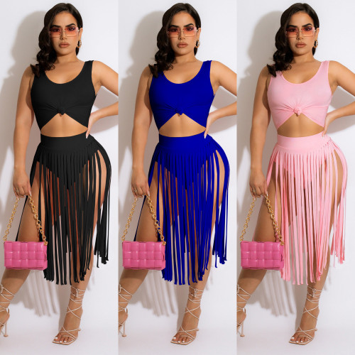 2022 sexy fringed skirt two-piece set