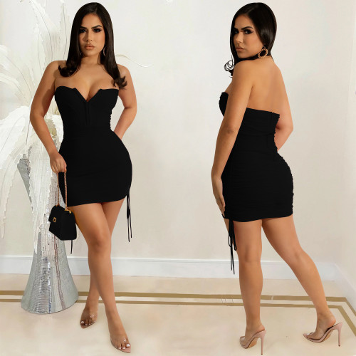 Spring and summer solid color sexy tight tube top open back dress