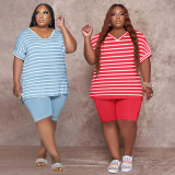summer plus size top small slit striped two piece set