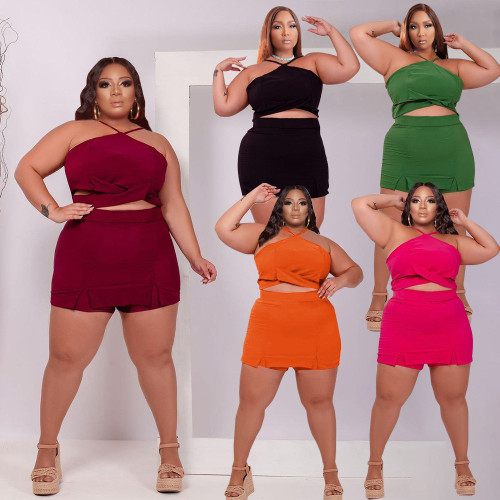 Summer plus size sexy solid color culottes two-piece set