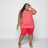 summer plus size top small slit striped two piece set