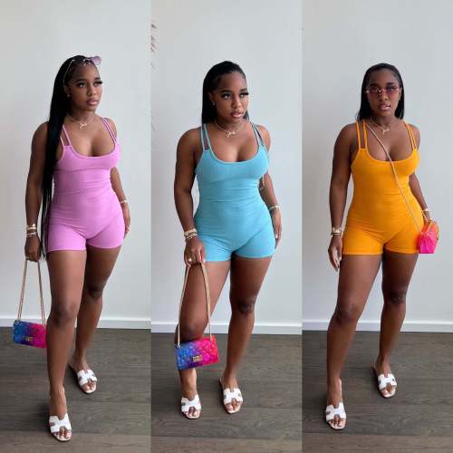 Summer Double Shoulder Sling Sports Tight Tank Shorts Jumpsuit