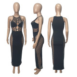 2022 spring and summer perspective net yarn stitching hip package sexy dress