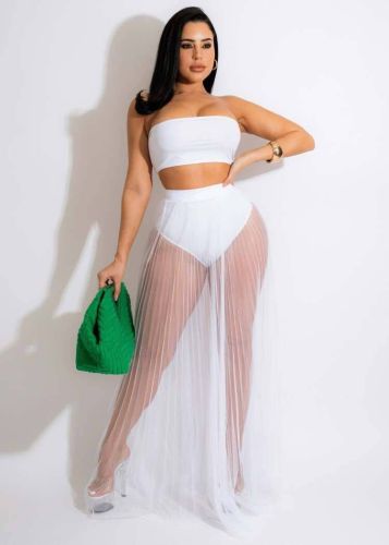 Summer pleated net  yarn perspective sexy breast wrap two piece suit