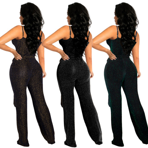 2022 spring and summer sexy V-neck nightclub suspenders bright silk jumpsuit with belt