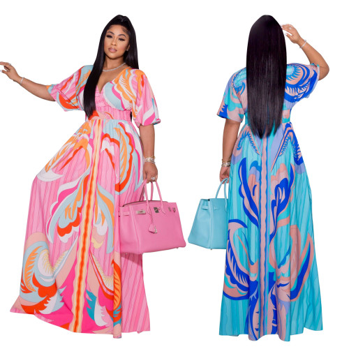 2022 Summer Casual Print Butterfly Sleeves Large Swing Side Slit Long Dress