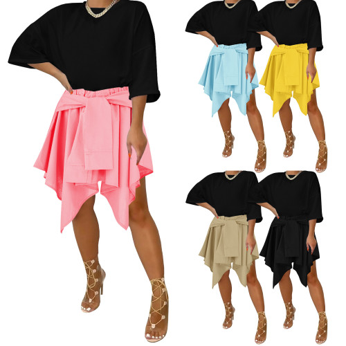 Spring/Summer Cotton Solid Color Irregular Fake Sleeve Lace-Up Skirt