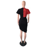 Spring/Summer Short Sleeve Sequin Contrast Color Ethnic Style High Waist Dress