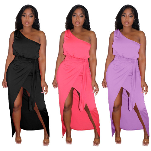 2022 Solid Color Slanted Shoulder Slim Irregular Dress