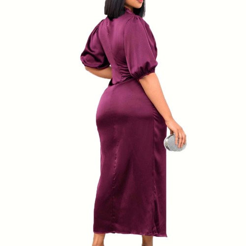 Summer high neck solid color pleated high waist temperament long dress
