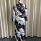 2022 Long Sleeve Printed Pleated Waist Lace-Up Dress