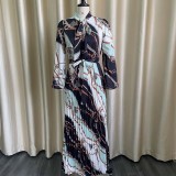 2022 Long Sleeve Printed Pleated Waist Lace-Up Dress