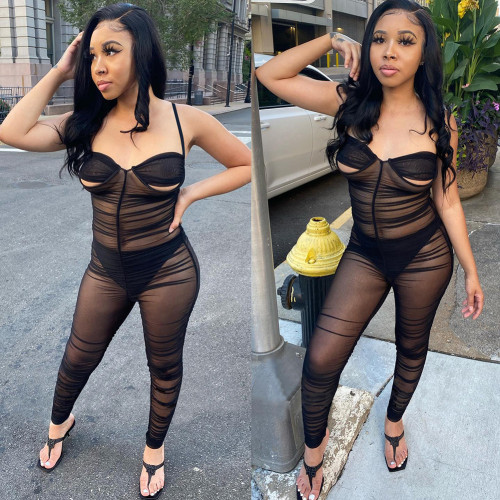 2022 mesh solid color pleated jumpsuit with panties