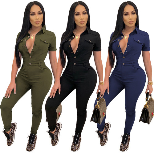 Summer Casual Solid Color Lapel Short Sleeve Single Breasted Long Jumpsuit