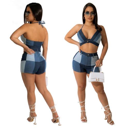 Spring and summer large plaid strap tube top waistless sleeveless shorts two-piece set
