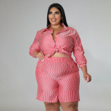 Summer Plus Size Shirt Striped Print Loose Casual Two Piece