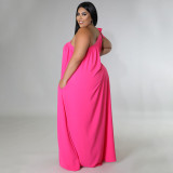 2022 Summer Plus Size Sleeveless One Shoulder Halter Sexy Backless Solid Color Dress