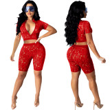 Spring and summer sexy tight-fitting solid color hole burning flower two-piece set