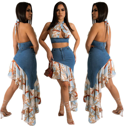 Summer halterneck pleated skirt stretch denim skirt two-piece set