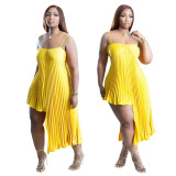 Plus Size Loose Fit Pleated Asymmetric Suspender Solid Dress