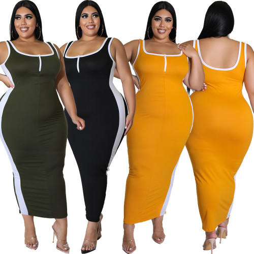 2022 Summer Plus Size Round Neck Sleeveless Solid Color One Step Dress
