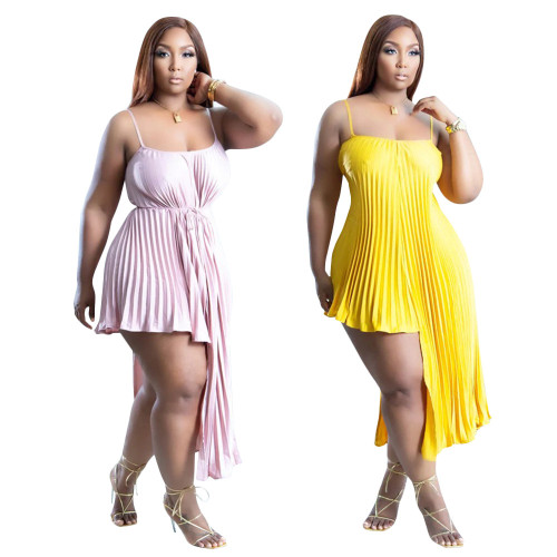 Plus Size Loose Fit Pleated Asymmetric Suspender Solid Dress