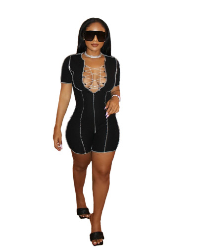 Summer V-neck sexy solid color chest empty straps reverse car side jumpsuit