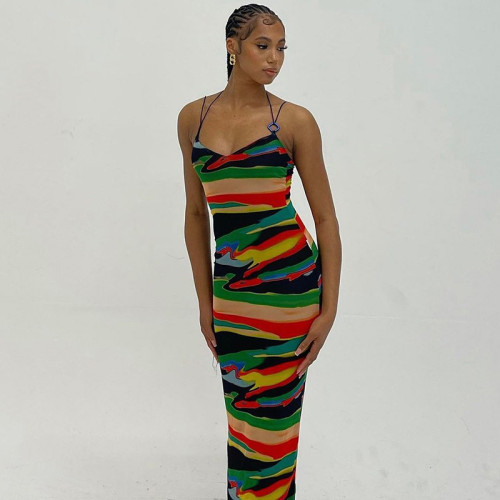 2022 Summer Sling Low Cut Backless Colorful Print Slim Dress