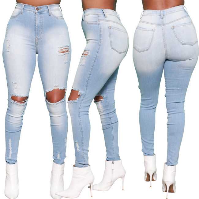 Sexy ripped washed slim-fit stretch denim pencil pants