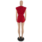 Summer solid color B letter embroidered sleeveless zipper top and shorts two-piece set