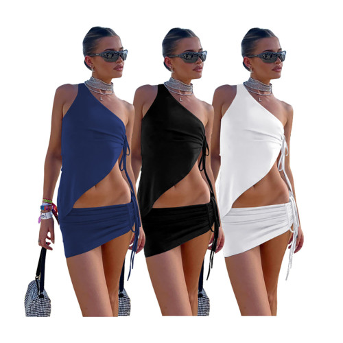 2022 summer one shoulder irregular vest drawstring skirt two-piece set