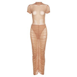 2022 summer nightclub short-sleeved mesh bodysuit perspective sexy slim skirt two-piece