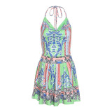 2022 summer street shooting halter neck lace-up print vest sexy hip skirt two-piece