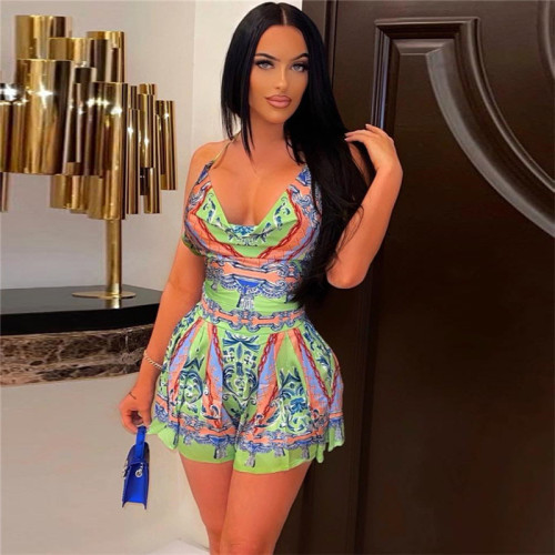 2022 summer street shooting halter neck lace-up print vest sexy hip skirt two-piece