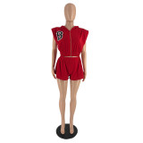 Summer solid color B letter embroidered sleeveless zipper top and shorts two-piece set