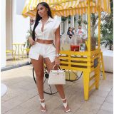 Summer Button Lapel Sleeveless Top Shorts Solid Color Elastic Casual Two Piece Set