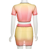 2022 Summer Gradient Color Mesh Print Short Sleeve Slim Fit Sexy Hip Dress Two-piece Set