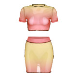 2022 Summer Gradient Color Mesh Print Short Sleeve Slim Fit Sexy Hip Dress Two-piece Set