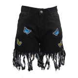 Sexy bag hip fringed butterfly embroidered denim shorts