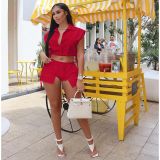 Summer Button Lapel Sleeveless Top Shorts Solid Color Elastic Casual Two Piece Set