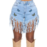 Sexy bag hip fringed butterfly embroidered denim shorts