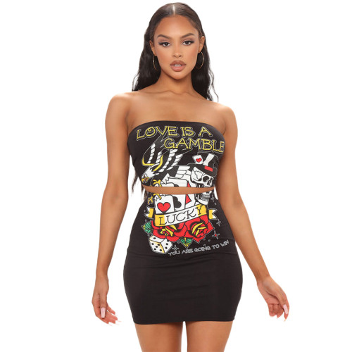 Summer nightclub clothes sexy backless wrap chest printed skirt two-piece set