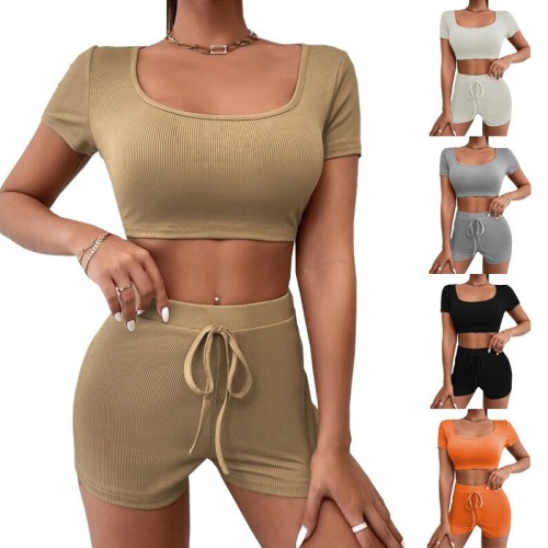2022 summer solid color square neck drawstring navel tight two-piece suit