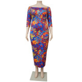 2022 Summer Plus Size Printed One-word Neck hip wrap  Dress